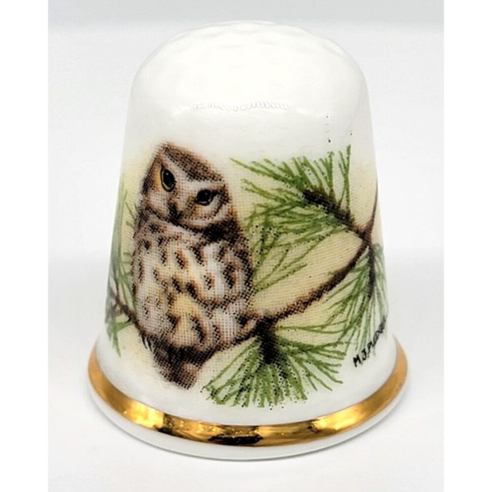 Owl On Branch Thimble Oakley Bone China England Gold Gilt Vintage MJ Pledger